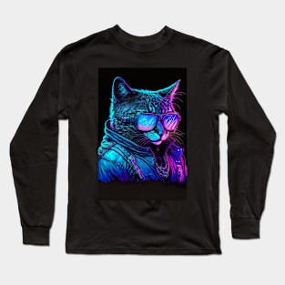 Cool Cat Portrait Cyber Future Style Long Sleeve T-Shirt